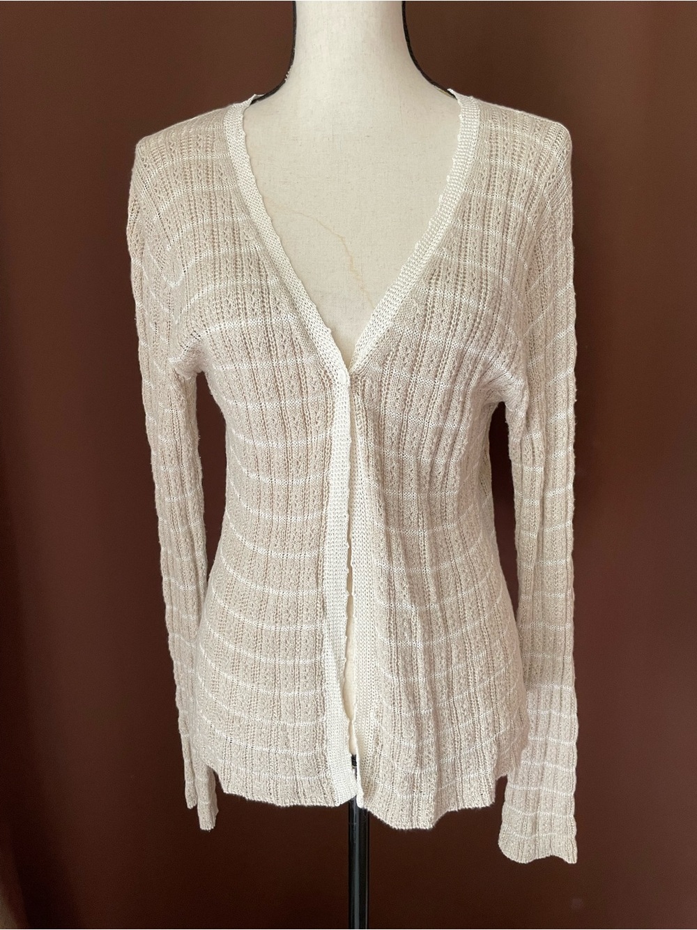 Nicole Miller Open Weave Cardigan Sweater Linen Cotton Neutral Boho M